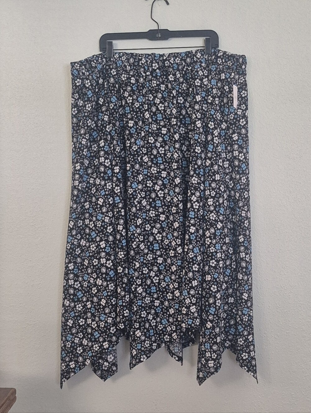 Cato Black Floral Asymmetrical Handkerchief Hem Skirt with Blue & White Blooms
